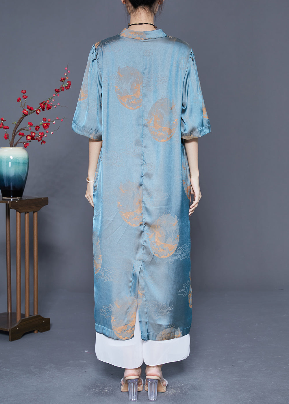 Organic Blue Mandarin Collar Print Lace Up Silk Long Dresses Summer