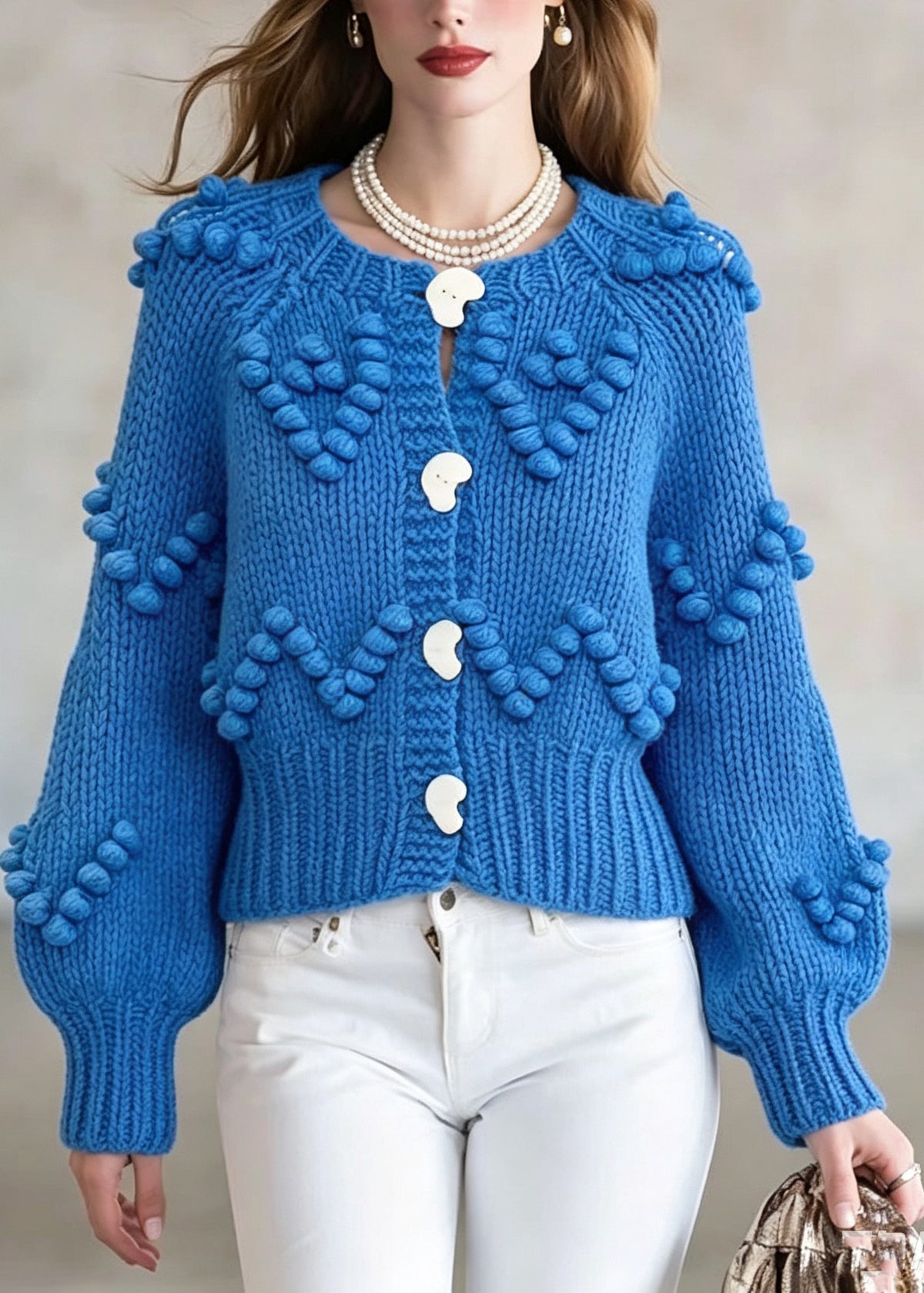 Organic Blue O-Neck Button Solid Cotton Knit Cardigan Fall