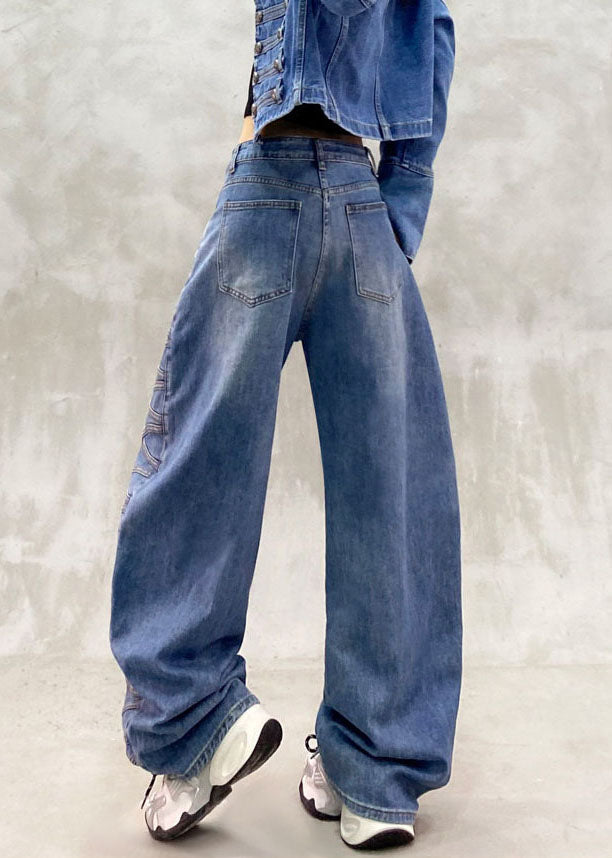 Organic Blue Patchwork Draping High Waist Straight Jeans Fall