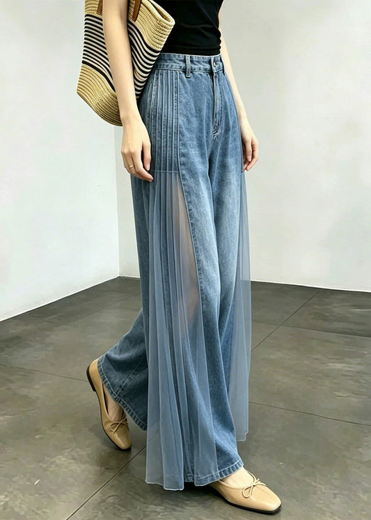 Organic Blue Pockets High Waist Tulle Patchwork Wide Leg Jeans
