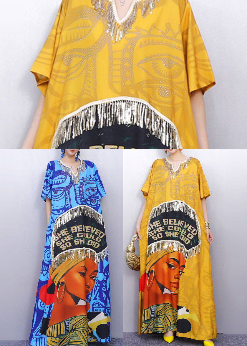 Organic Blue Tasseled Print Cotton Holiday Dresses Summer