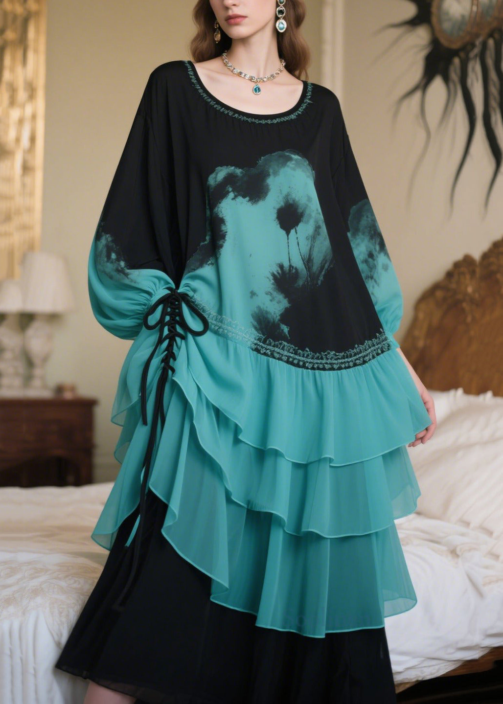 Organic Blue Tie Dye Cross Strap Chiffon Party Dress Summer