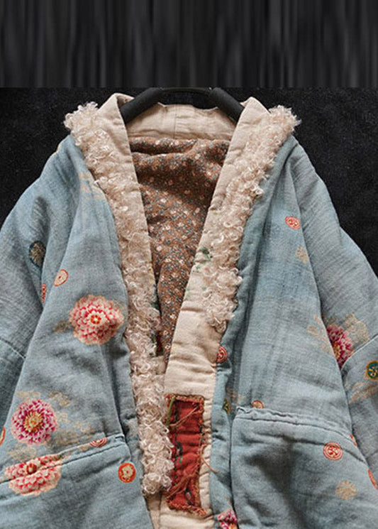 Organic Blue V Neck Faux Fur Patchwork Witner Coat Long Sleeve