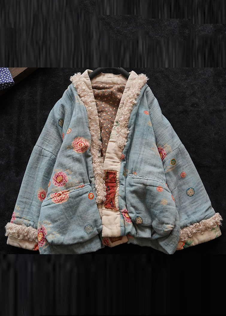 Organic Blue V Neck Faux Fur Patchwork Witner Coat Long Sleeve