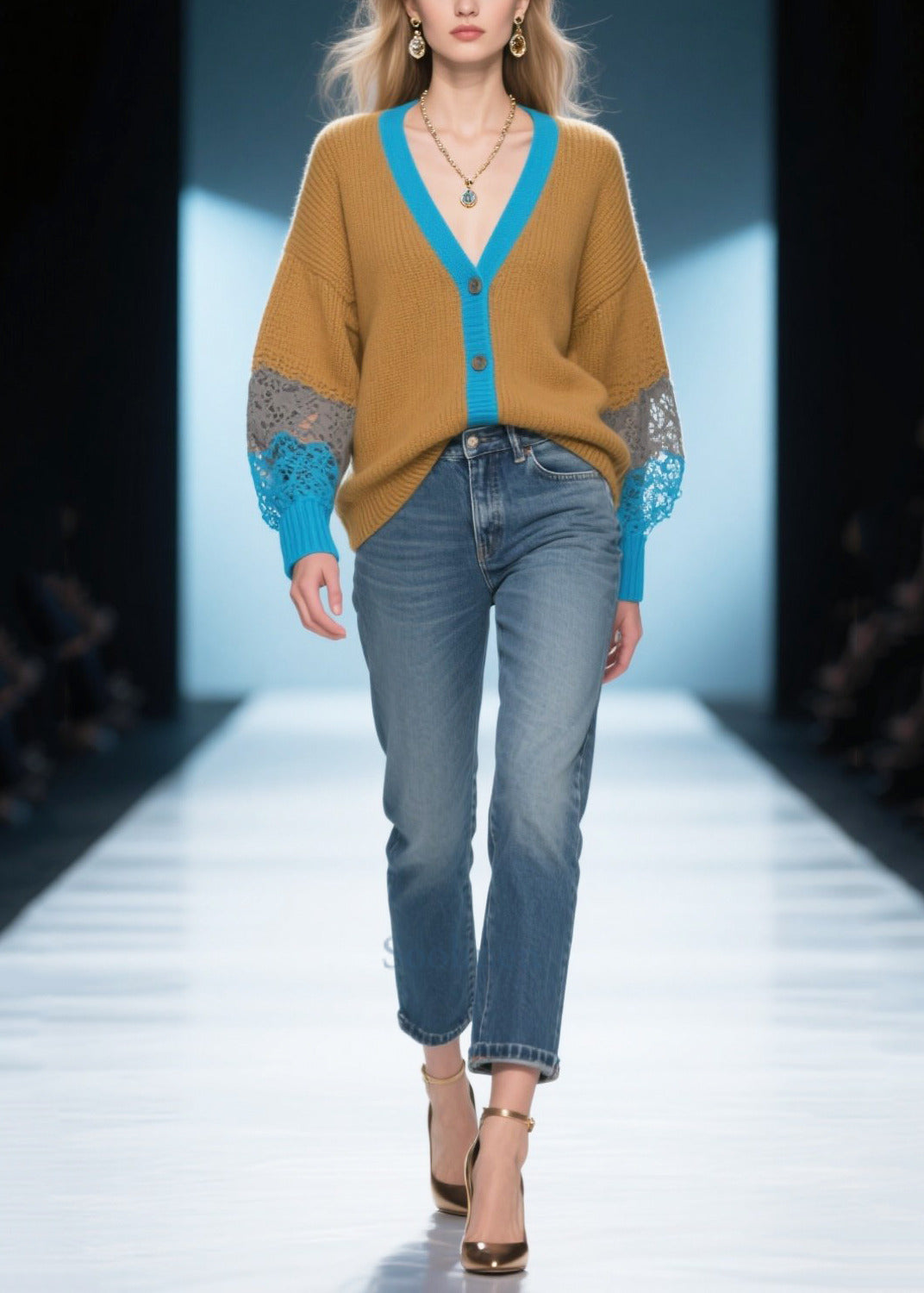 Organic Brown Hollow Out Patchwork Lace Knit Cardigan Fall