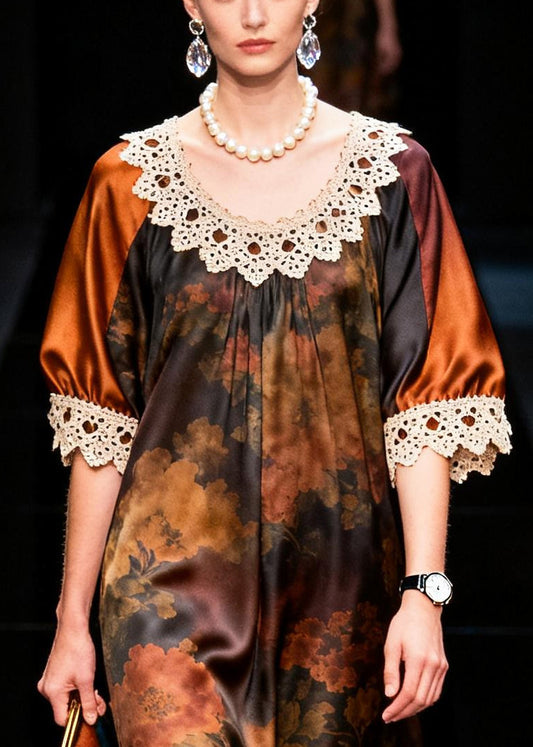 Organic Brown Oversized Patchwork Silk Ankle Dress Summer