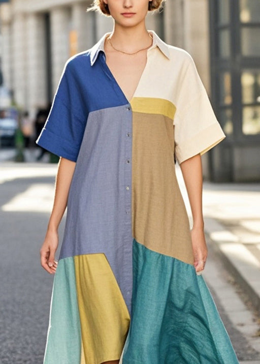 Organic Colorblock Asymmetrical Patchwork Cotton Maxi Dresses Summer