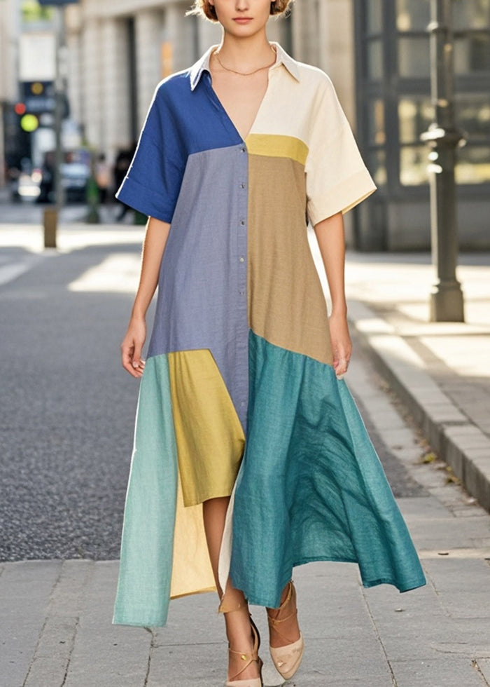 Organic Colorblock Asymmetrical Patchwork Cotton Maxi Dresses Summer