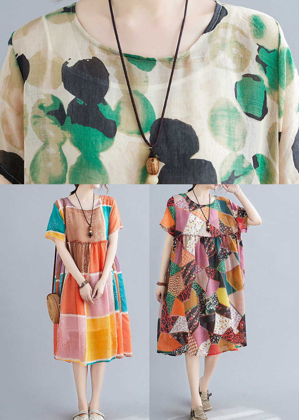 Organic Colorblock Block Print Ruffled Linen Maxi Dress Short Sleeve