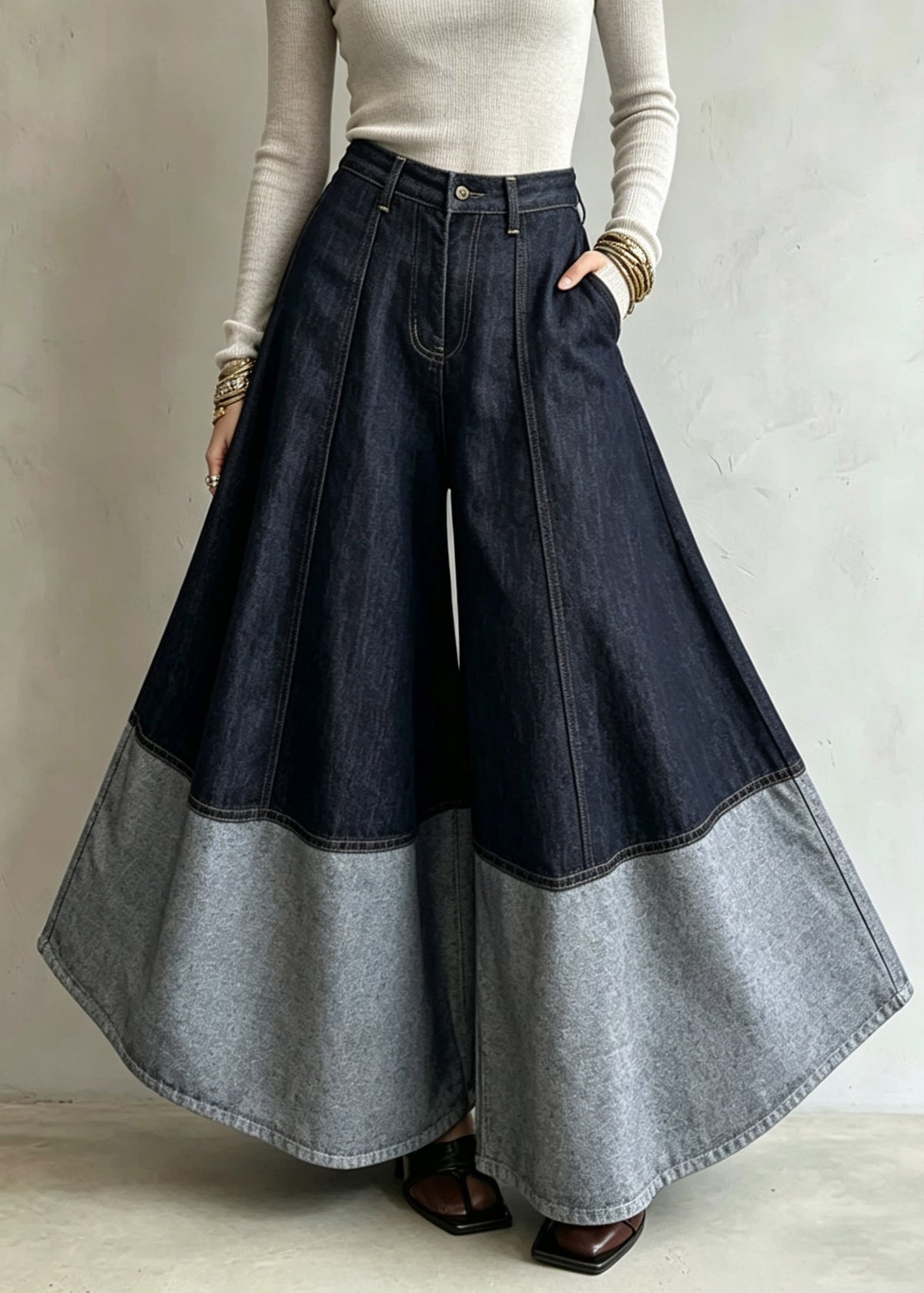 Organic Colorblock Pockets Patchwork Wide Leg Jeans Skirt Fall
