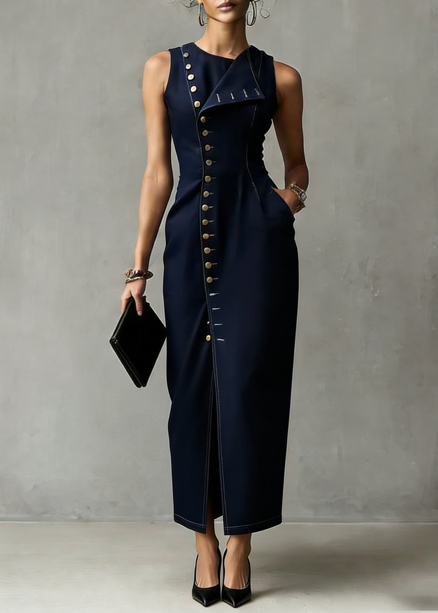 Organic Dark Blue Asymmetrical Pocket Denim Maxi Dress Sleeveless