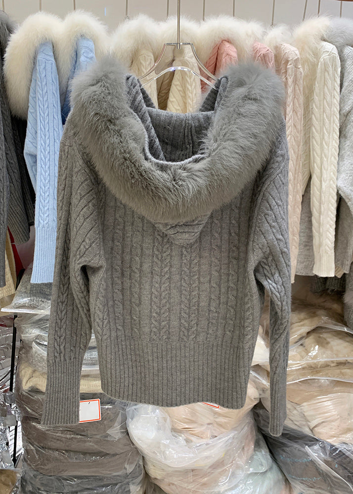 Organic Dark Grey Fur Collar Hooded Cotton Knit Cardigan Winter