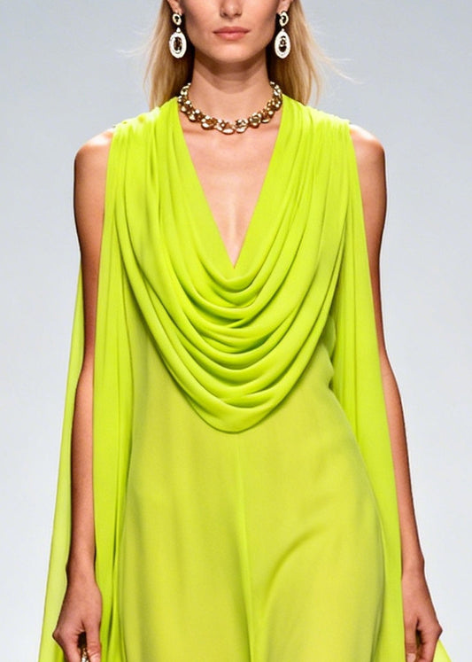 Organic Fluorescent Green Turtle Neck Floral Chiffon Long Dresses Summer
