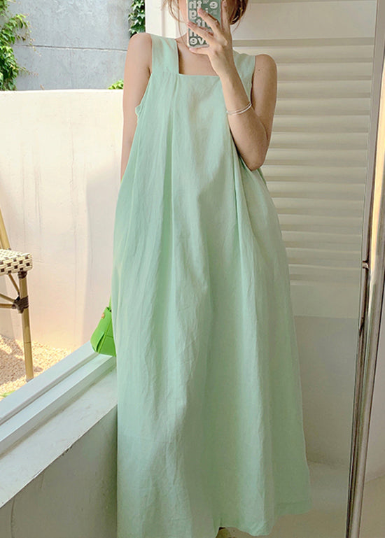 Organic Green Backless Pockets Cotton Long Dresses Summer