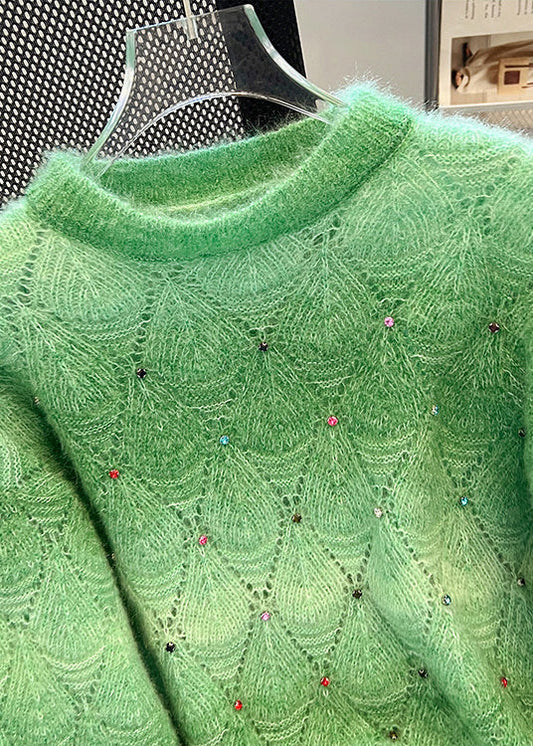 Organic Green Oversized Hollow Out Knit Sweater Tops Winter