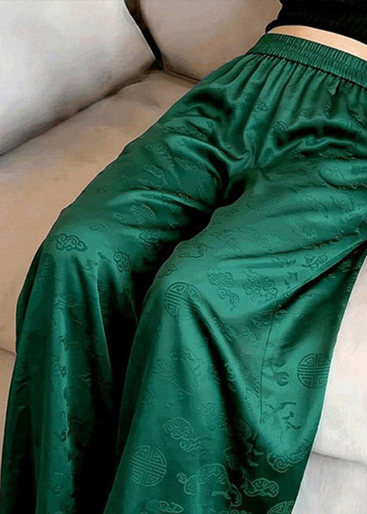 Organic Green Print Elastic Waist Wide Leg Pants Summer