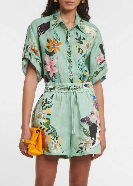 Organic Green Shirts And Shorts Patchwork Print Two Pieces Set Short Sleeve