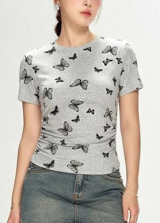 Organic Grey O-Neck Butterfly Print Cinched T Shirt Short Sleeve