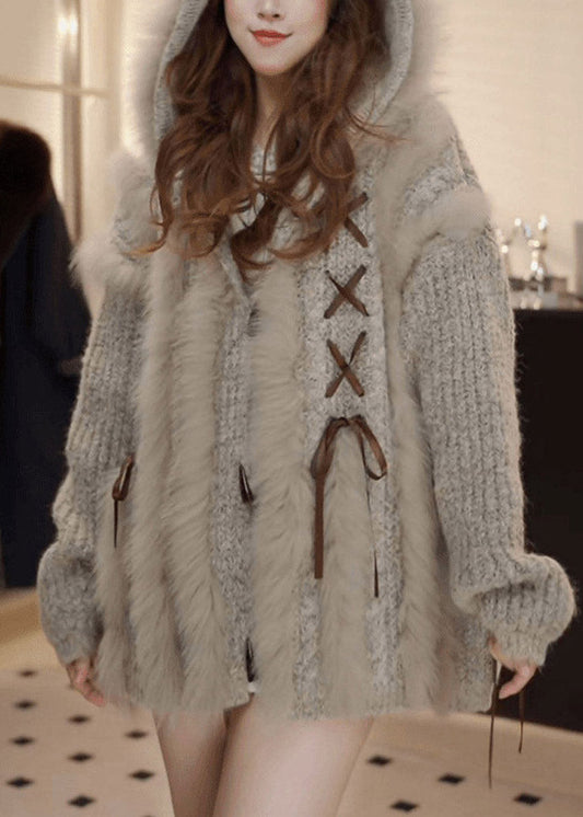 Organic Grey Patchwork Tie Lace Hooded Cotton Knit Cardigan Fall