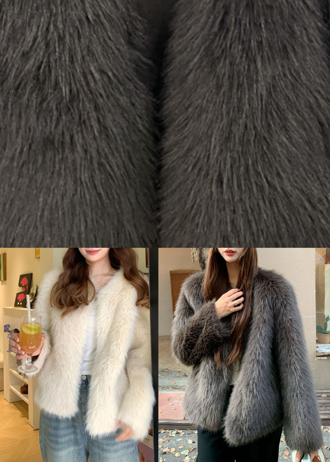 Organic Grey V Neck Leather And Fur Coats Long Sleeve