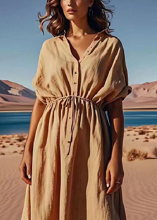 Organic Khaki Drawstring Button Patchwork Linen Dress Summer