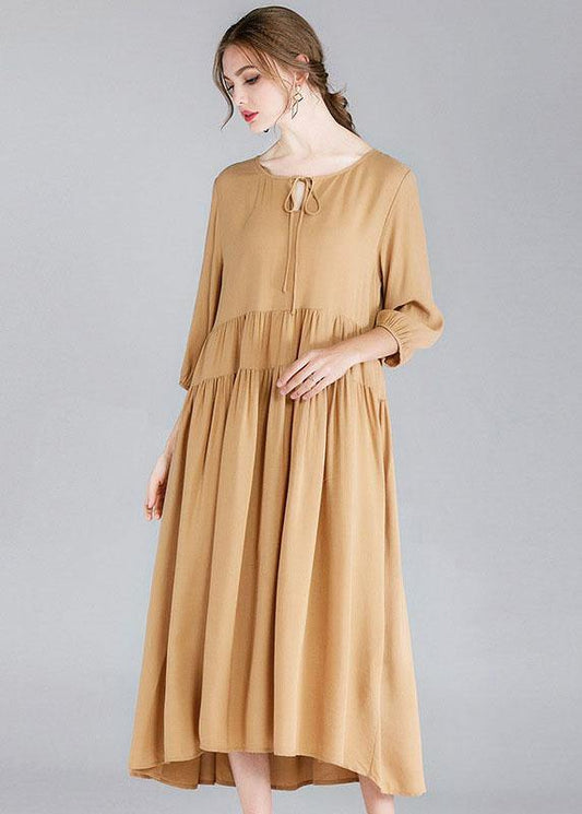 Organic Khaki Drawstring low High Design Spring Holiday Dress Three Quarter Sleeve - SooLinen