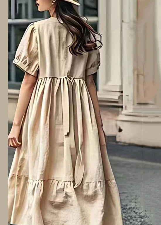 Organic Khaki O Neck Wrinkled Patchwork Linen Dress Summer