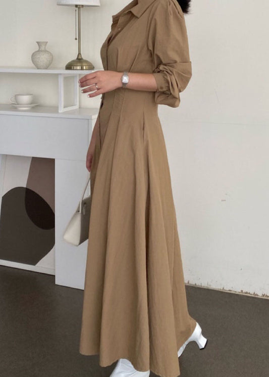 Organic Khaki Peter Pan Collar Wrinkled Patchwork Cotton Long Dresses Spring