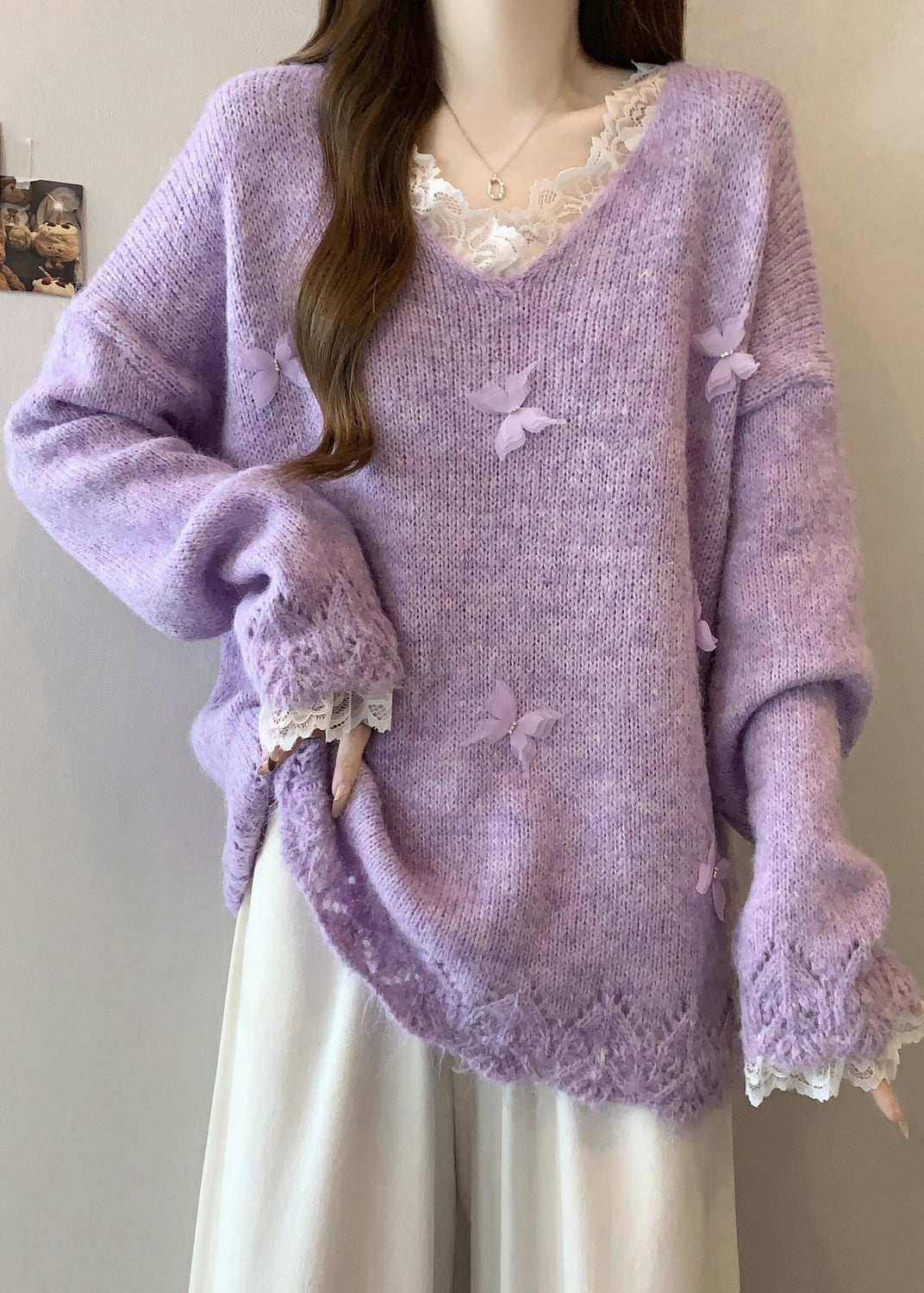 Organic Lavender Oversized Patchwork Butterfly Knit Sweaters Fall