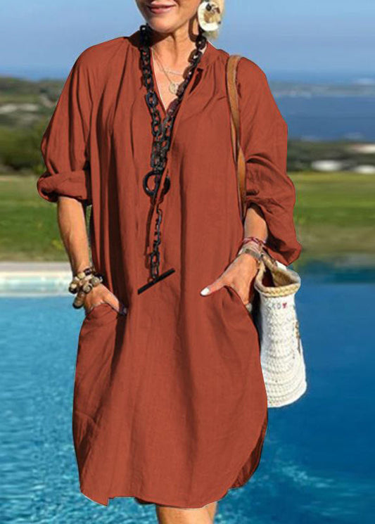 Organic Light Blue V Neck Patchwork Pockets Vacation Mid Dresses Fall