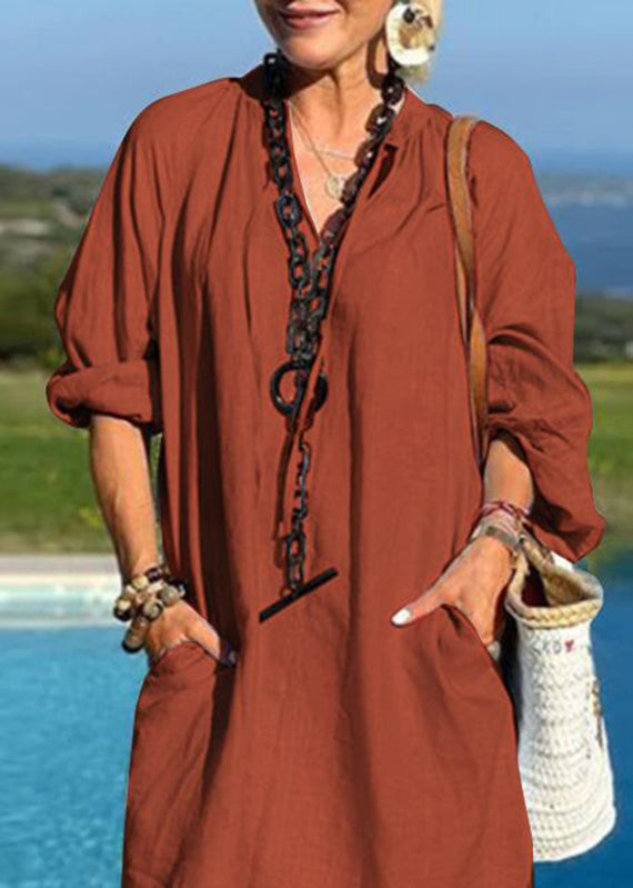 Organic Light Blue V Neck Patchwork Pockets Vacation Mid Dresses Fall