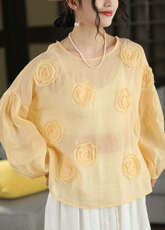 Organic Pink O Neck Floral Linen Shirt Lantern Sleeve