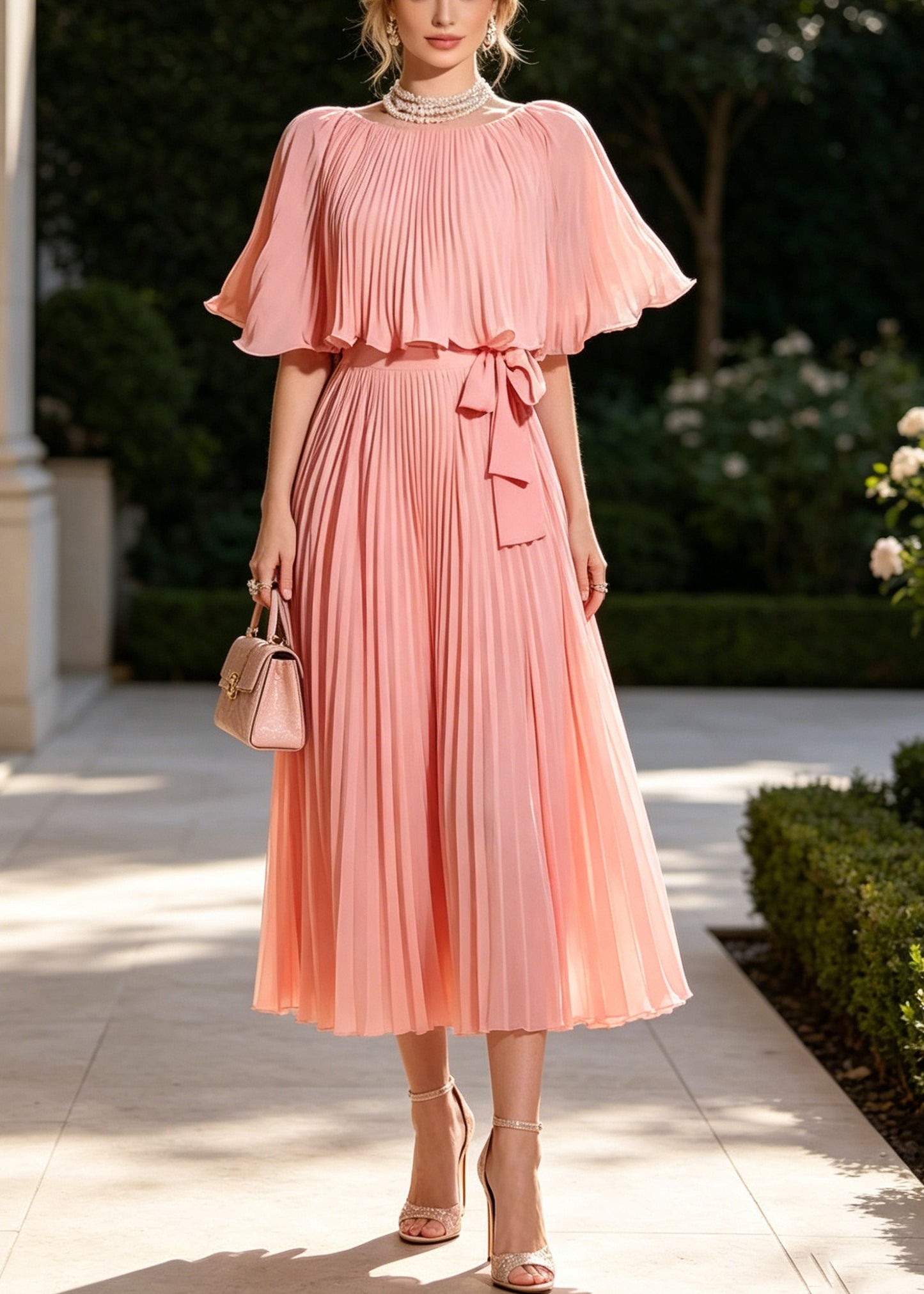 Organic Pink Tie Waist Wrinkled Chiffon Long Dresses Cloak Sleeves