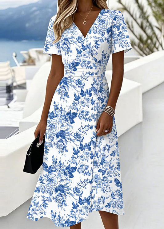 Organic Pink V Neck Print Chiffon Vacation Dresses Summer