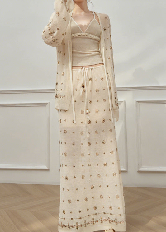 Organic Print Drawstring Knit Cardigans And Maxi Skirts Two Pieces Set Spring