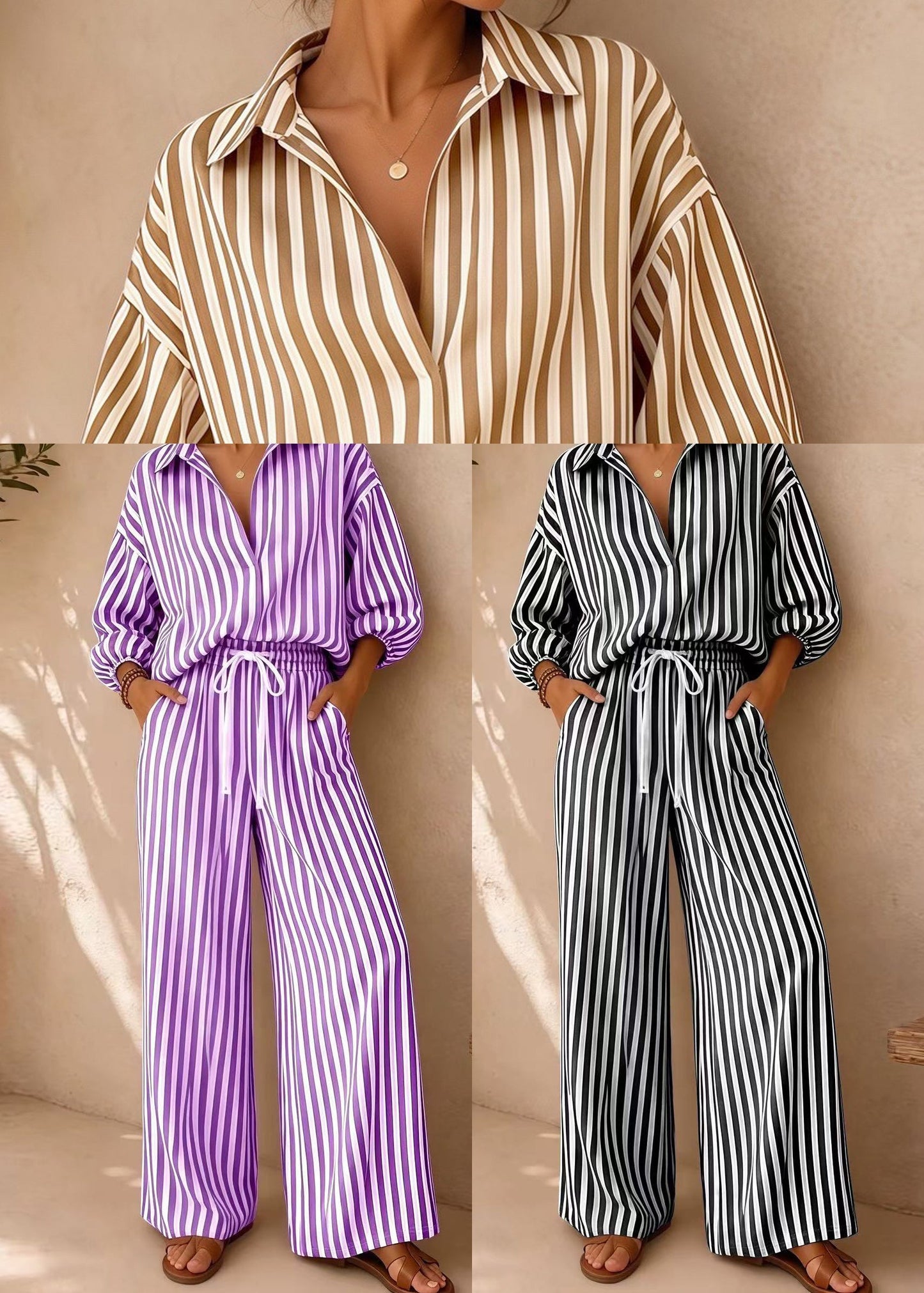 Organic Purple Oversized Striped Cotton Two Pieces Set Fall