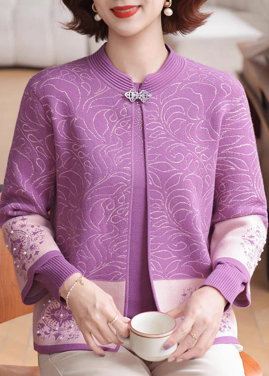 Organic Purple Patchwork Knit Cardigans And Sweaters Two Pieces Set Three Quarter Sleeve