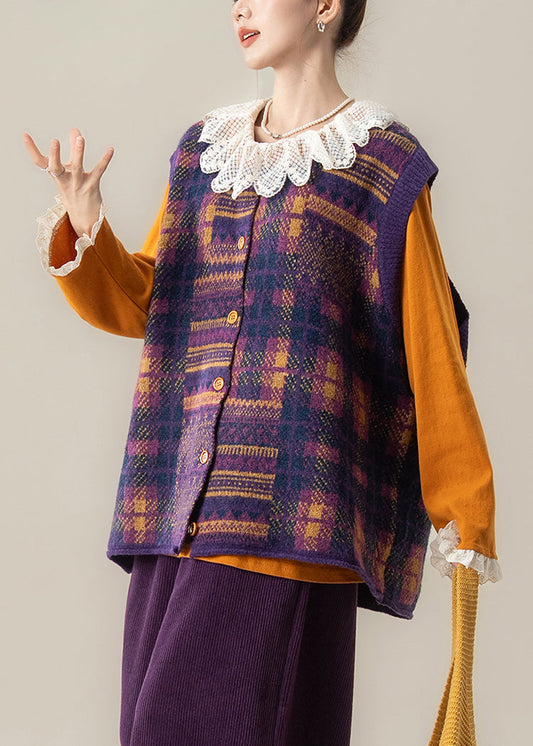Organic Purple Plaid O-Neck Cotton Knit Waistcoat Sleeveless