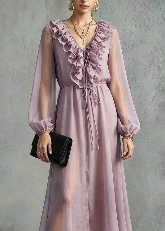 Organic Purple Tie Lace Ruffled Silk Maxi Dresses Lantern Sleeve