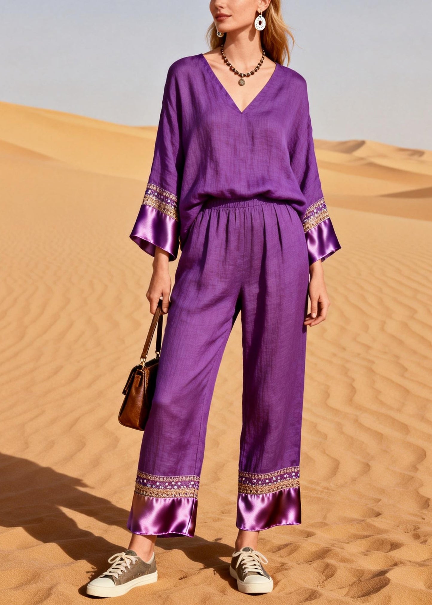 Organic Purple V Neck Patchwork Silk Cotton Two Piece Set Spring