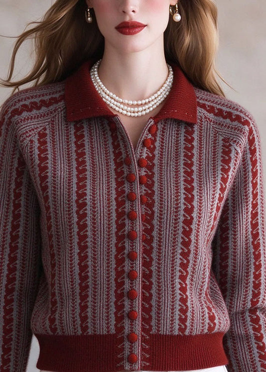 Organic Red Peter Pan Collar Striped Cotton Knit Cardigans Winter