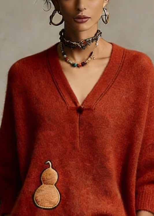 Organic Red V Neck Cotton Knit Sweater Spring