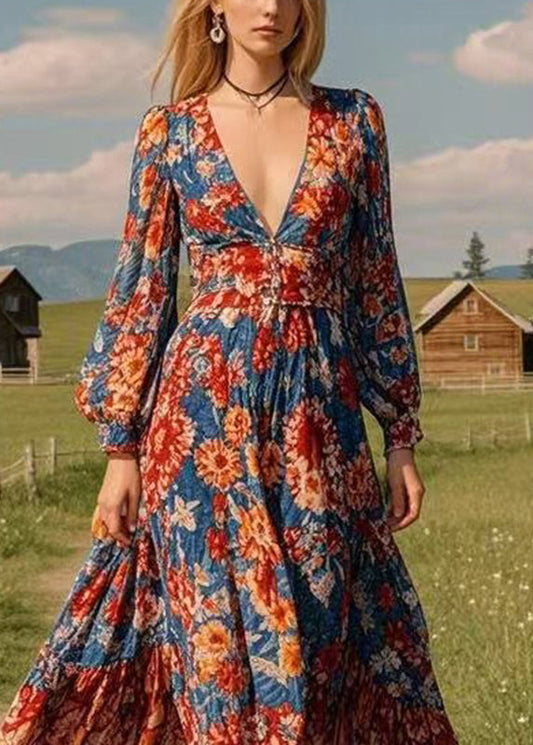 Organic V Neck Wrinkled Chiffon Long Dresses Lantern Sleeve