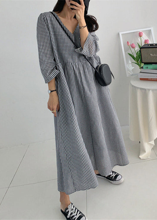Organic V Neck Wrinkled Pockets Plaid Cotton Dresses Long Sleeve