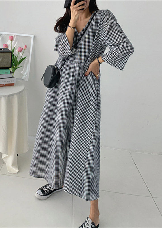 Organic V Neck Wrinkled Pockets Plaid Cotton Dresses Long Sleeve