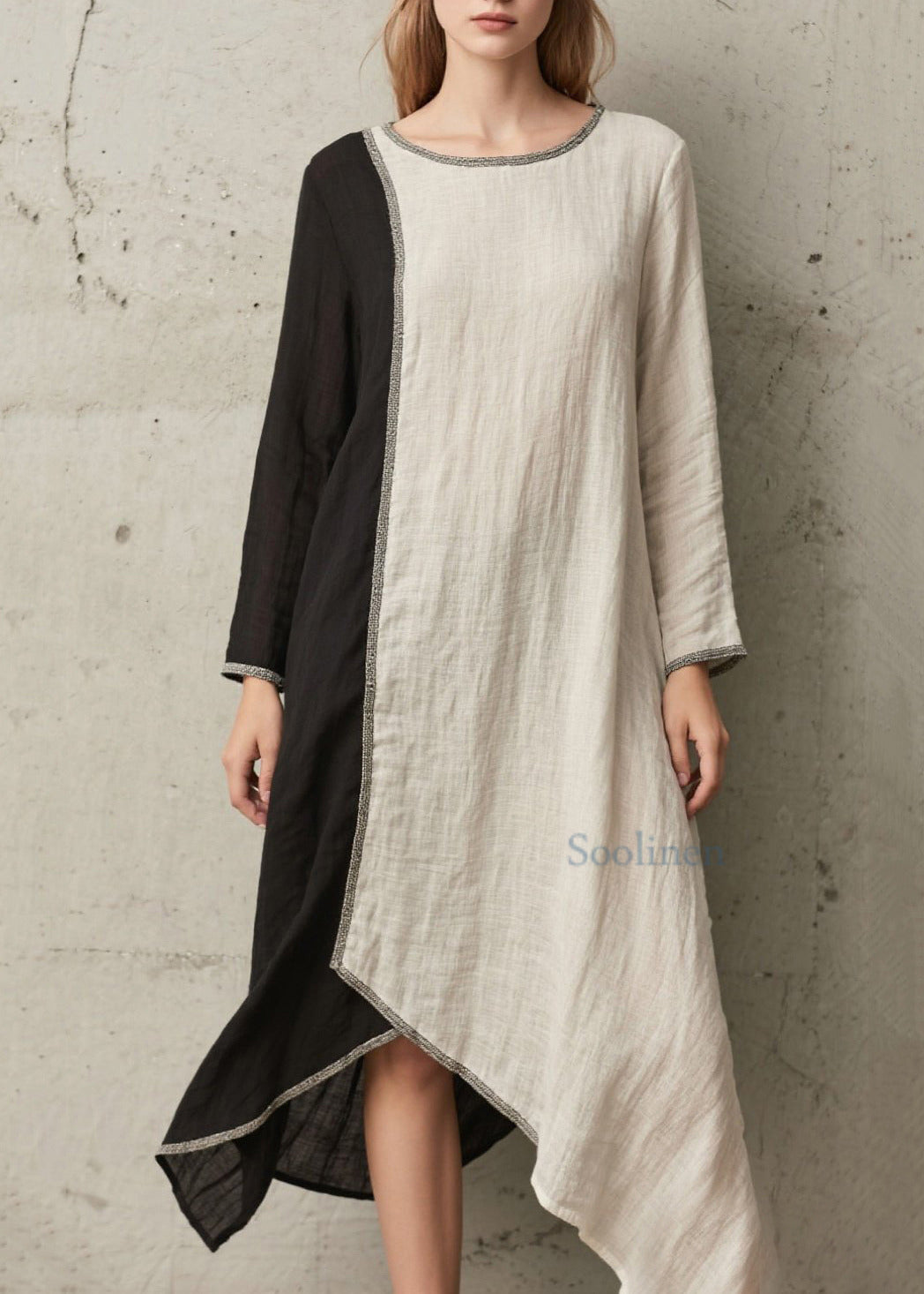 Organic White Asymmetrical Patchwork Cotton Long Dress Spring