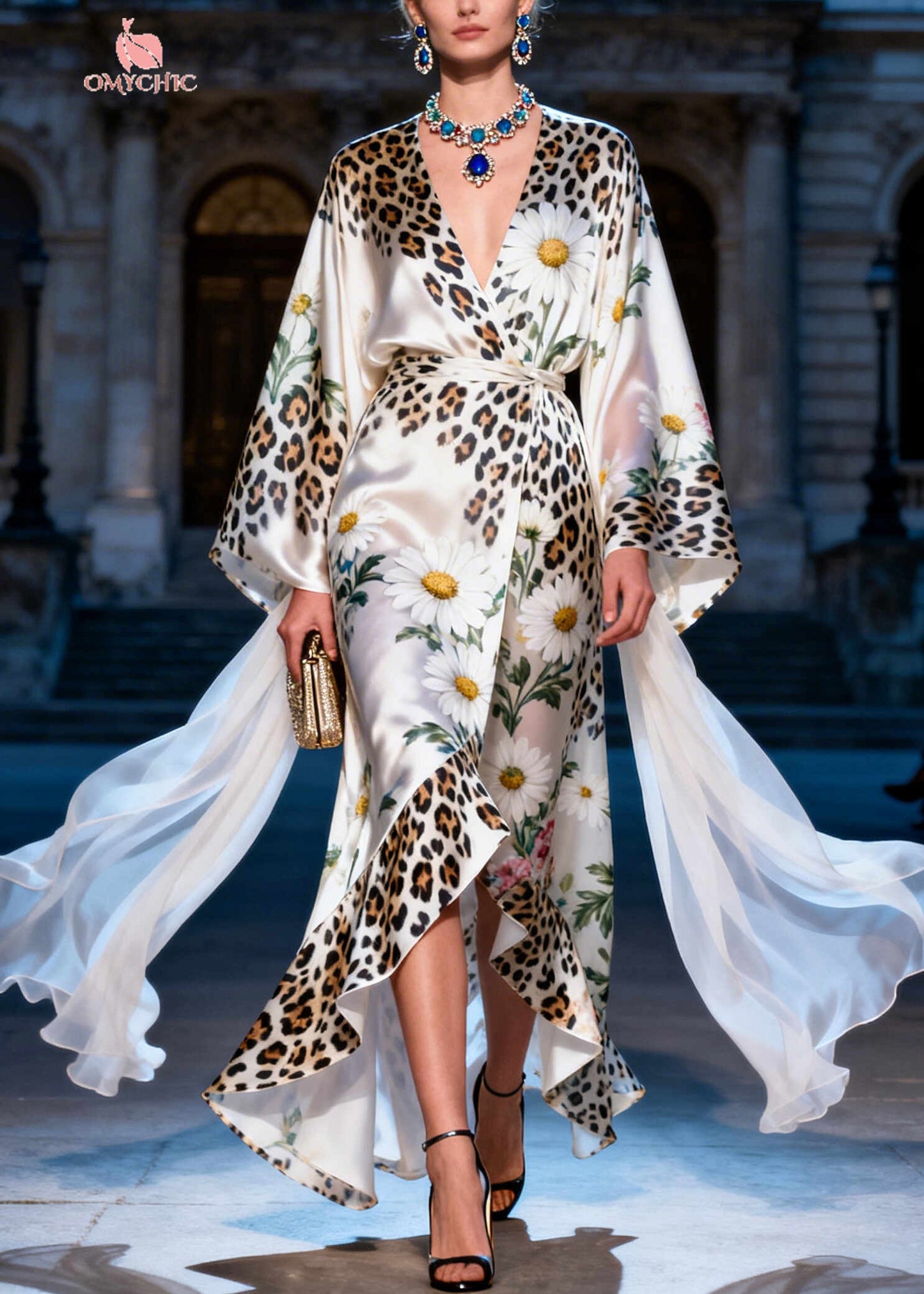 Organic White Daisy Leopard Low High Design Silk Dress Summer