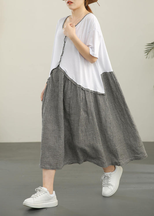 Organic White Patchwork Plaid Cotton Linen Holiday Dress Summer - SooLinen