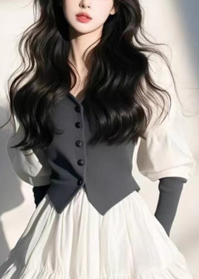 Organic White V Neck Button Mid Dress Puff Sleeve