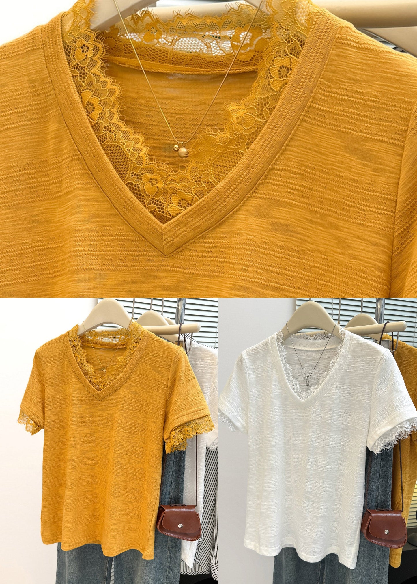 Organic Yellow Lace Patchwork T Shirt Summer
